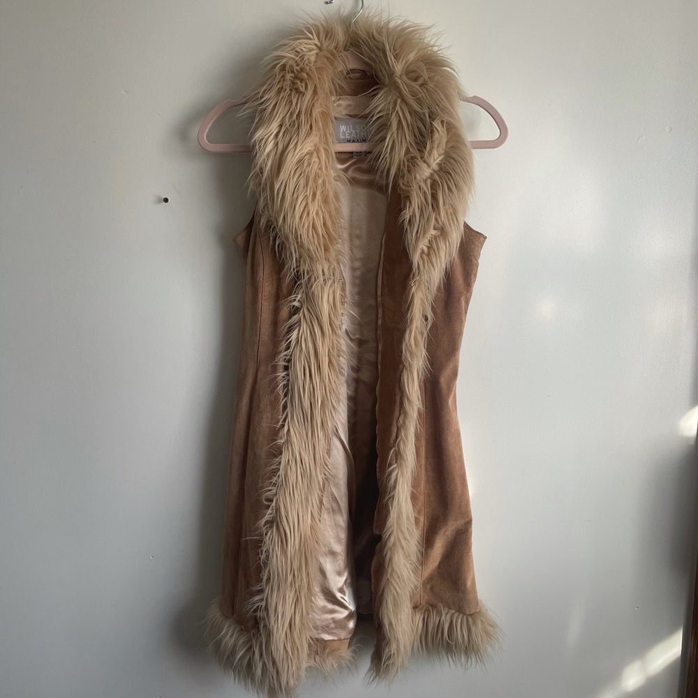 Genuine Leather Long Vest, Faux Fur Trim